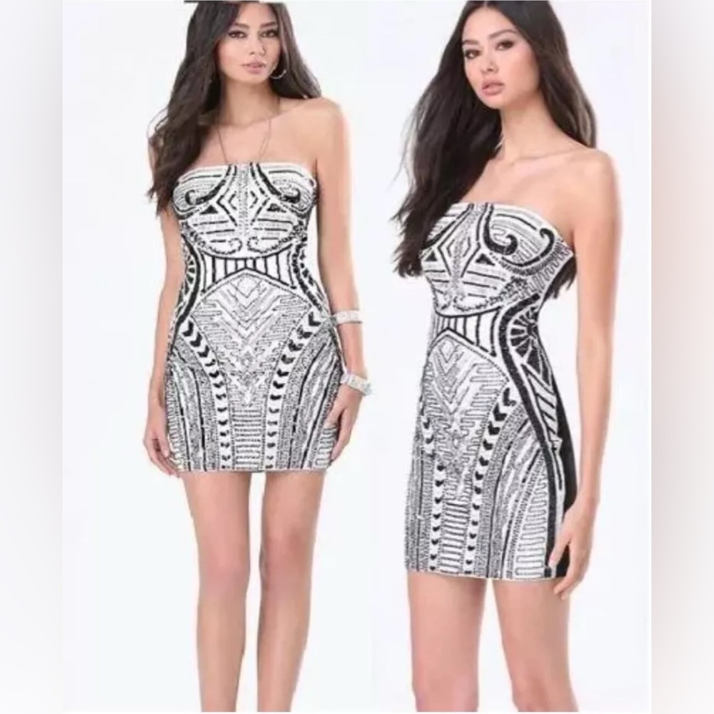 Bebe White & Black Dress. Strapless Sequin Dress.